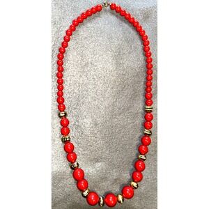 VTG Red and Gold Beaded Plastic Ball Chain Necklace 28"